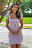 Charming Short Bodycon Purple Lace Homecoming Dress BM bride