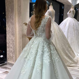 Unique A-Line V-neck Wedding Dress With Appliques Lace Tulle Puffy Long Sleeves BM bride