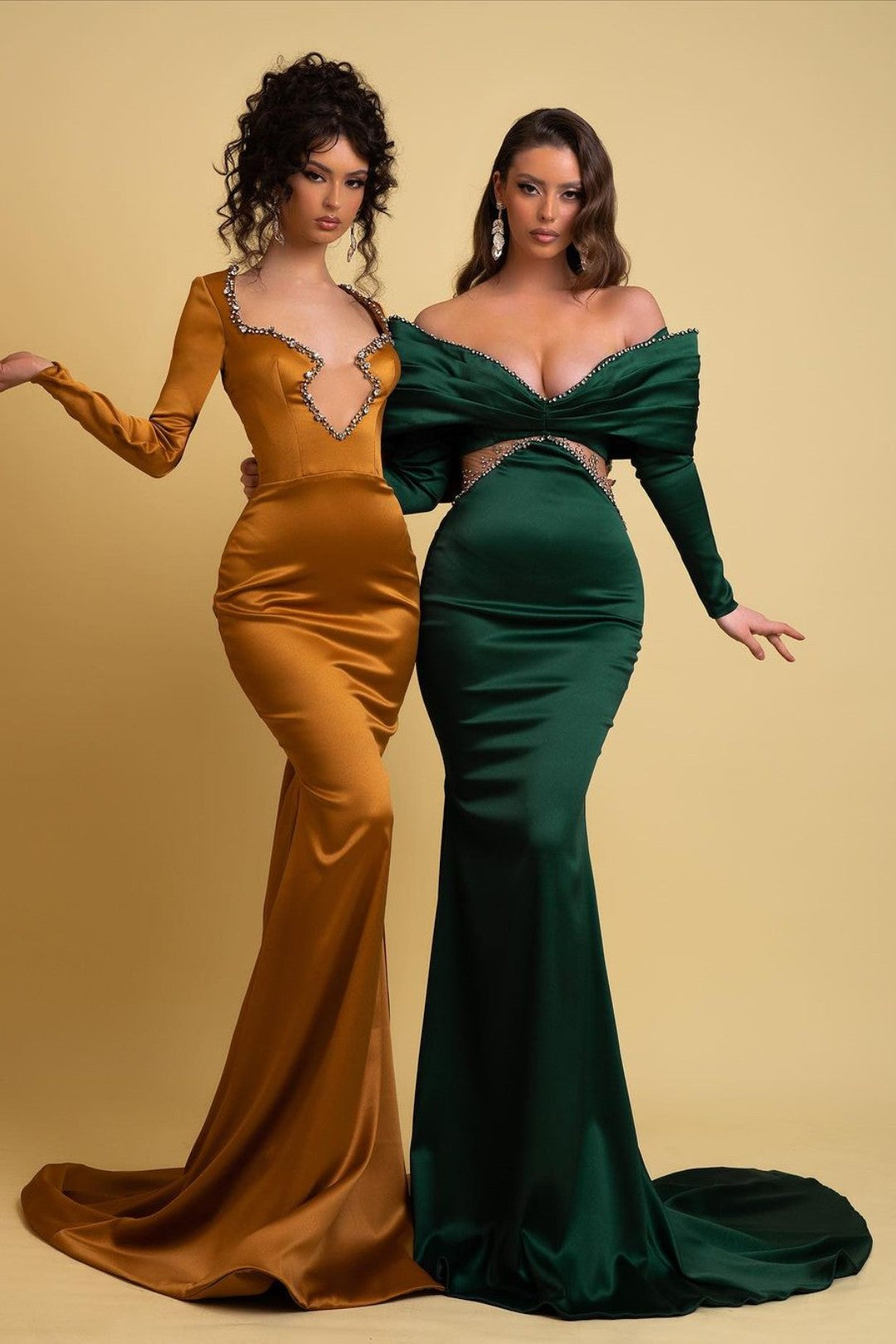 Emerald Green Off-the-Shoulder Charmeuse V Neck Mermaid Prom Dress BM bride