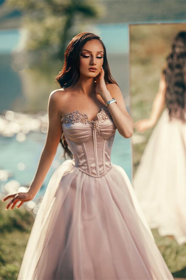 Charming Silver Long Evening Dress Off-the-Shoulder Sleeveless with Applique Tulle Pleats BM bride