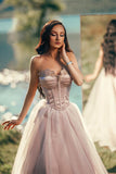 Charming Silver Long Evening Dress Off-the-Shoulder Sleeveless with Applique Tulle Pleats BM bride