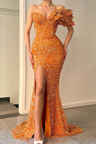 Glitter Orange Off-the-Shoulder V-Neck Mermaid Evening Dress with Sequins Split BM bride