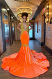 Sleeveless Orange Mermaid Evening Dress with Halter and Appliques BM bride