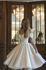 A-Line Off-the-Shoulder Short Wedding Dress with Lace Appliques