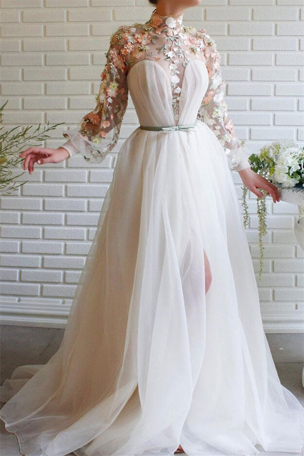 White High Collar Mermaid Evening Dress with Long Sleeve Flowers and Split BM bride