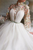 White High Collar Mermaid Evening Dress with Long Sleeve Flowers and Split BM bride