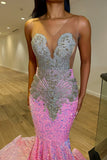 Pink Sleeveless Sequins Mermaid Evening Dress Long with Slit BM bride