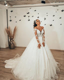 Sweetheart A-Line Floor-length Tulle Wedding Dress With Long Sleeves Lace Appliques BM bride