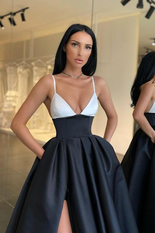 Black and White Spaghetti-Straps Prom Dress BM bride