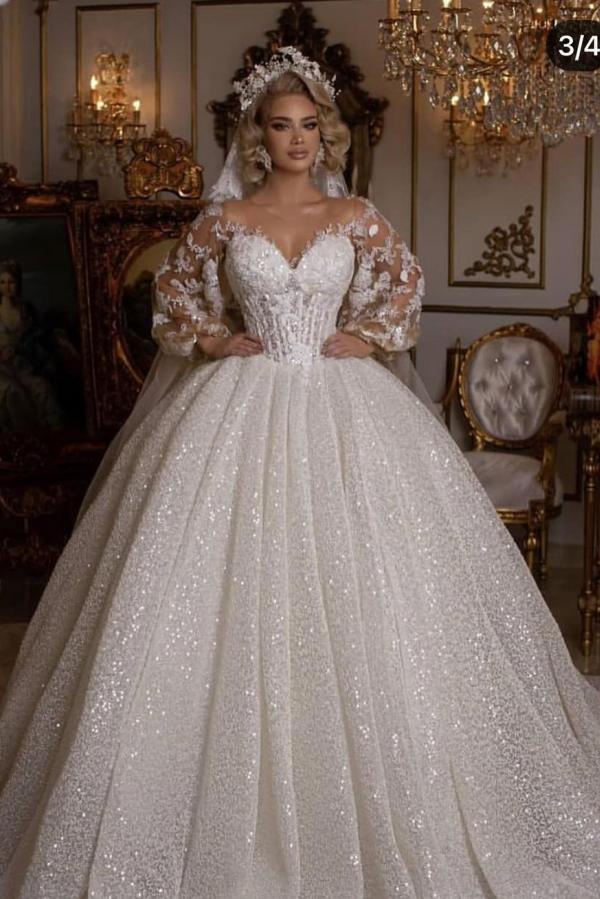 Luxury Long Ball Gown with Puffy Sleeves and Appliques BM bride