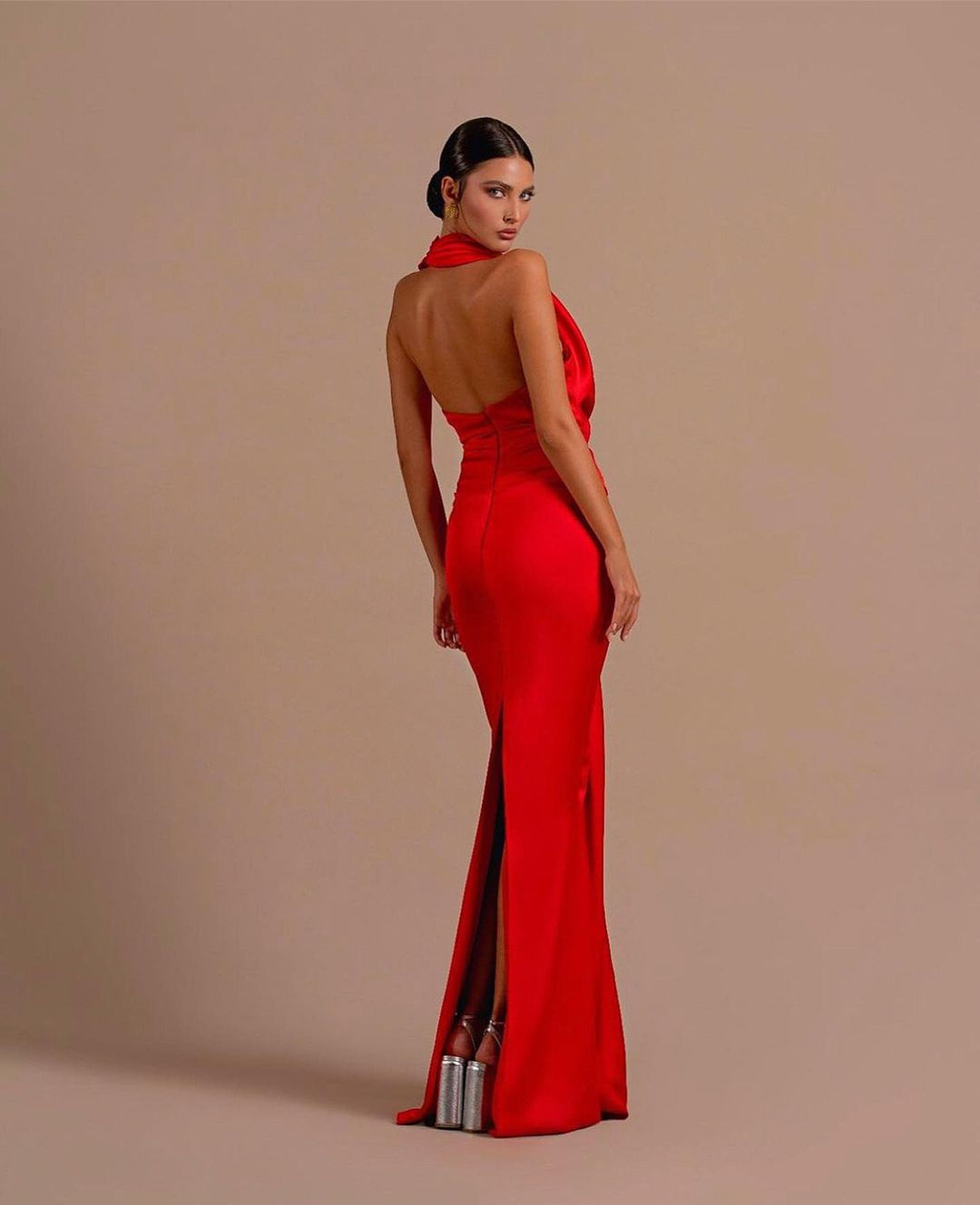 Red Halter Open Back Long Sleeveless Mermaid Prom Dress BM bride