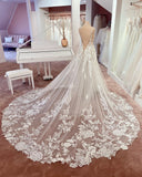 Long A-Line V-Neck Sleeveless Floral Lace Wedding Dress with Tulle and Boho Style BM bride