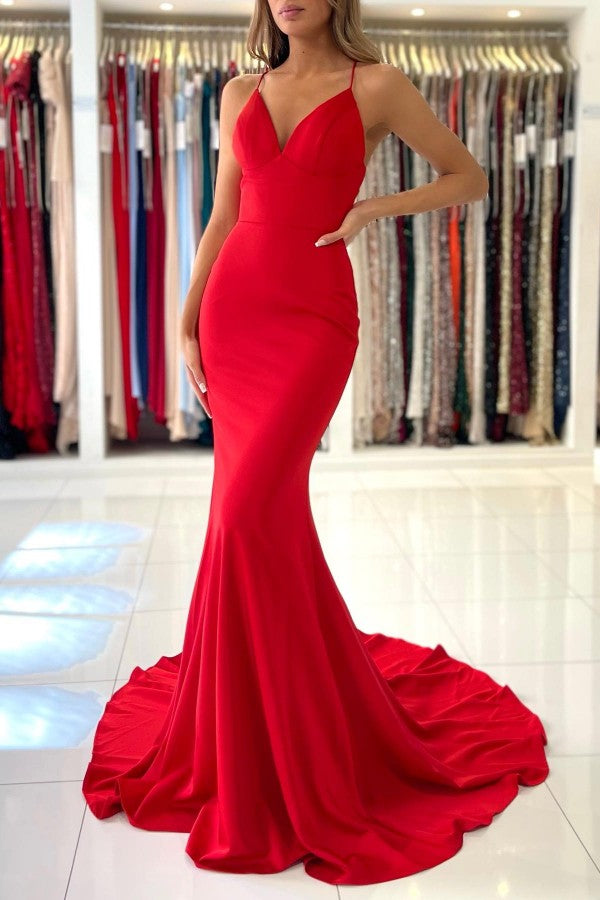 Red Mermaid Evening Dress Spaghetti Strap Long BM bride