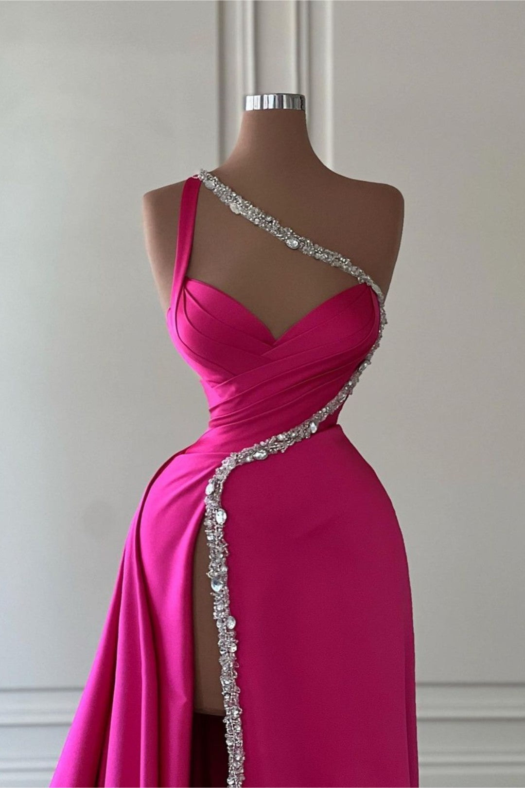 Fuchsia One Shoulder Evening Dress with Slit and Beaded Pleats BM bride