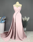 Fuchsia One Shoulder Evening Dress with Slit and Beaded Pleats BM bride