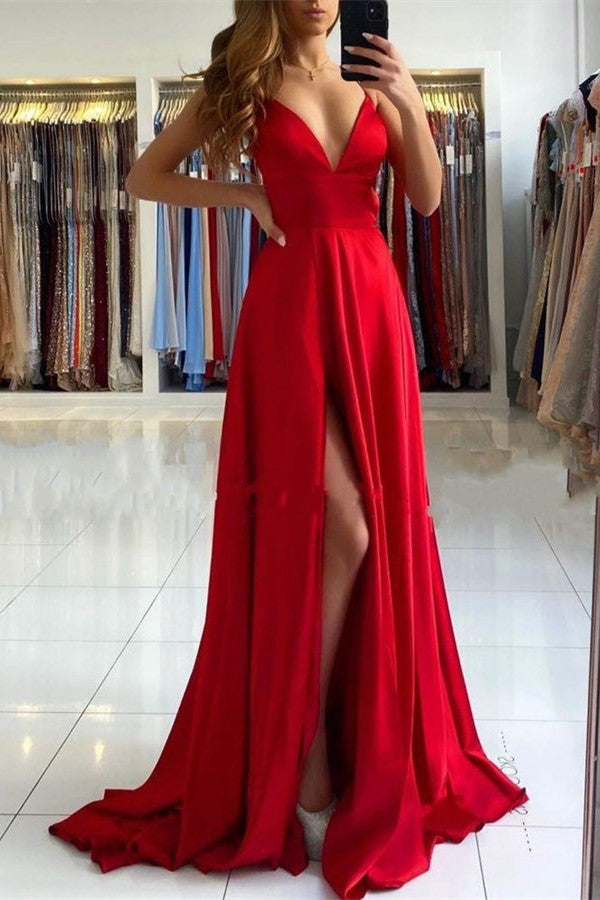 Red V-Neck Prom Dress with Split BM bride