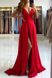 Red V-Neck Prom Dress with Split BM bride