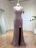 Luxurious Formal Evening Dress with Square Beaded Embroidery and Slit BM bride