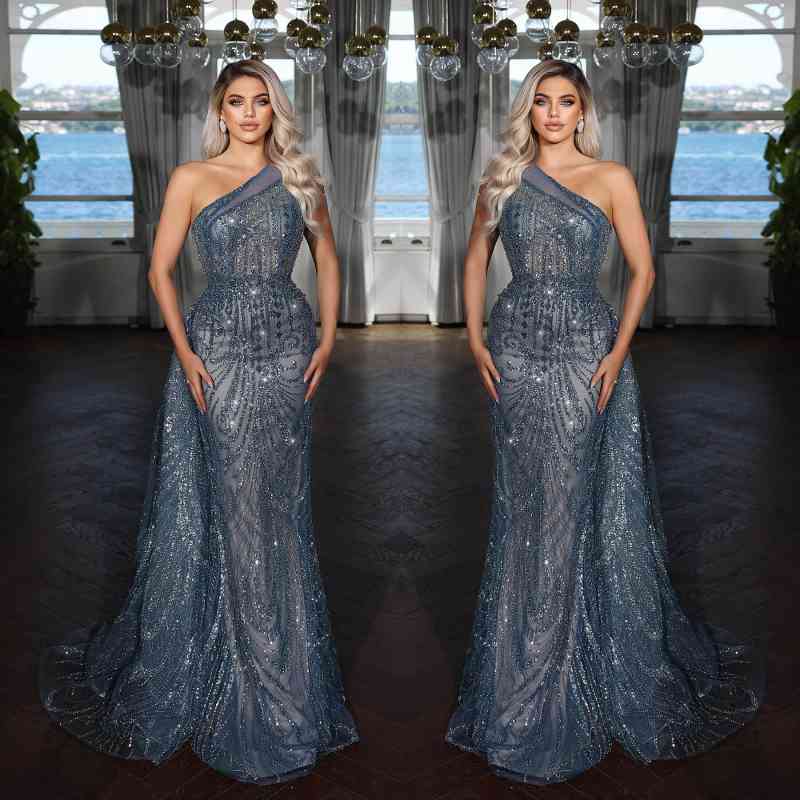 Elegant Dark Blue One-Shoulder Mermaid Evening Dress with Sequin Applique BM bride