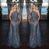 Elegant Dark Blue One-Shoulder Mermaid Evening Dress with Sequin Applique BM bride