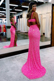 Long Mermaid Evening Dress V Neck with Sequins and Slit BM bride