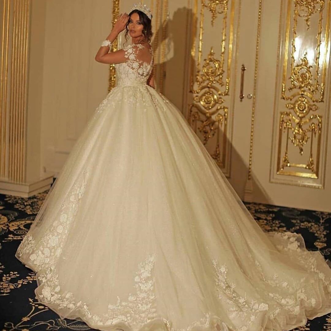 Sweetheart Long Sleeve Floor-Length Wedding Dress with Lace Tulle Appliques BM bride