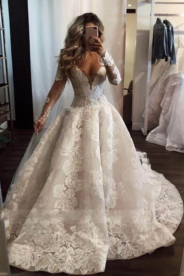 Deep V-neck Long Sleeves A-Line Wedding Dress With Pearl Details Lace Appliques BM bride