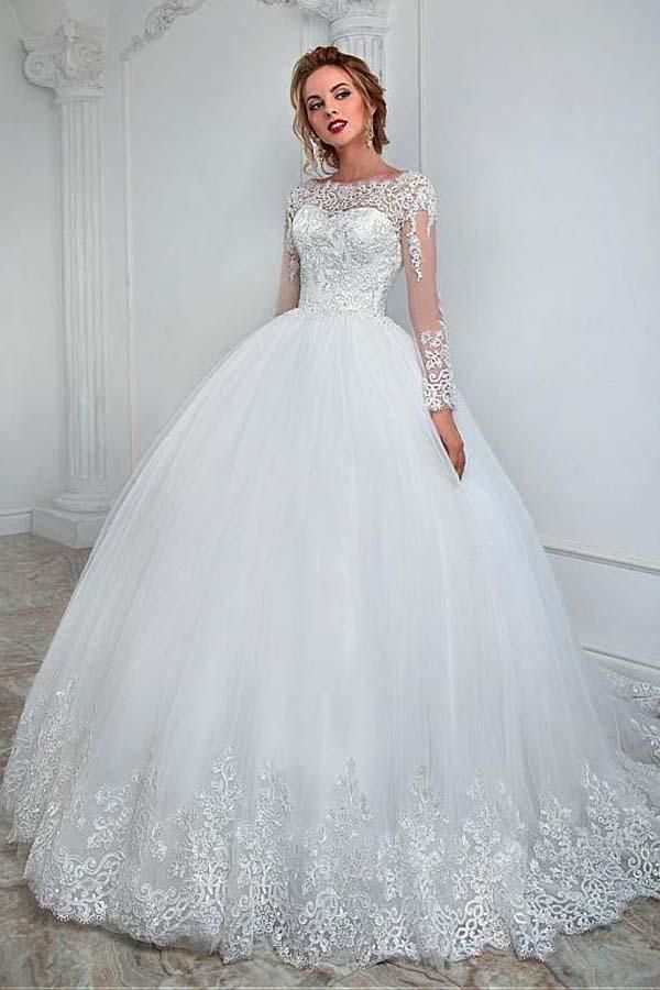 Ball Gown Long Sleeve Jewel Wedding Dress with Tulle Lace