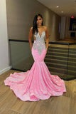 Pink Sleeveless Sequins Mermaid Evening Dress Long with Slit BM bride