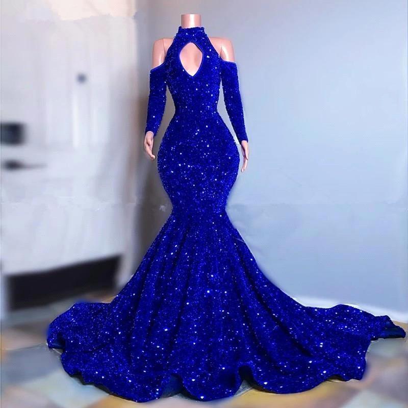 Royal Blue Long Sleeves Mermaid Prom Dress High Collar with Sequins BM bride