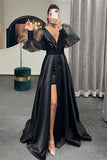 Long Sleeve A-Line Slit Evening Dress with Puff Sleeves BM bride