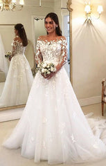 Bmbride A Line Tulle Floral Lace Appliques Wedding Dress With Sleeves