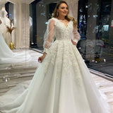 Unique A-Line V-neck Wedding Dress With Appliques Lace Tulle Puffy Long Sleeves BM bride