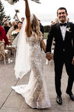 Spaghetti Strap Jewel Mermaid Wedding Dress with V-Neck Lace BM bride