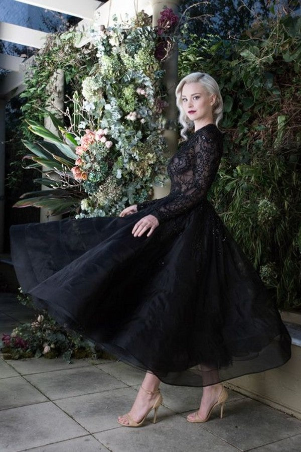 Black Bateau Long Sleeve Tea-Length Wedding Dress with Lace Appliques