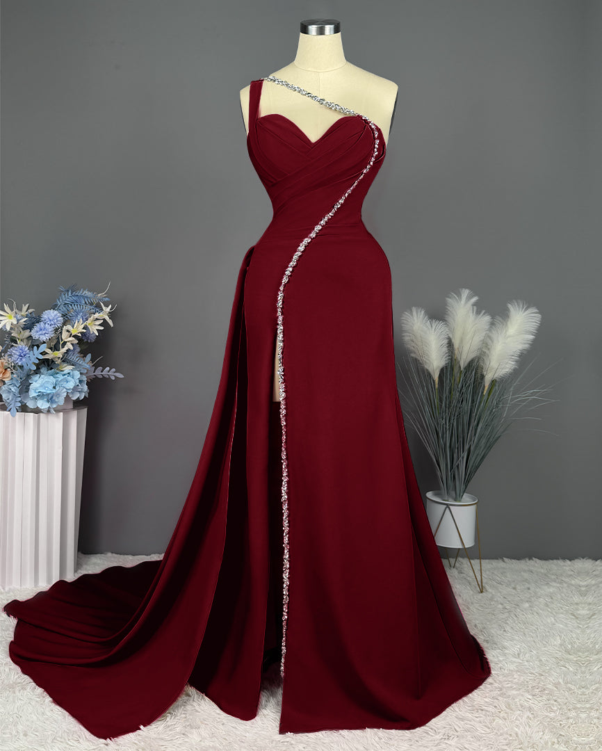 Fuchsia One Shoulder Evening Dress with Slit and Beaded Pleats BM bride