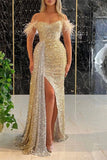 Off-the-Shoulder Mermaid Sequins Prom Dress Split with Ruffles BM bride