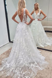 Long A-line Backless Wedding Dress With Tulle Lace V-neck BM bride