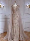 Luxury Feathers and Beaded Mermaid Evening Dress with Cape Sleeves BM bride