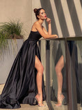 Black Spaghetti-Strap Evening Dress with Slit BM bride