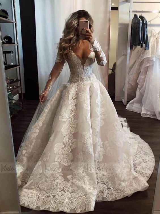 Deep V-neck Long Sleeves A-Line Wedding Dress With Pearl Details Lace Appliques BM bride