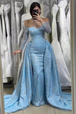 Blue Sequin Long Sleeve Off-The-Shoulder Sweetheart Evening Dress with Long Ruffles and Beads BM bride