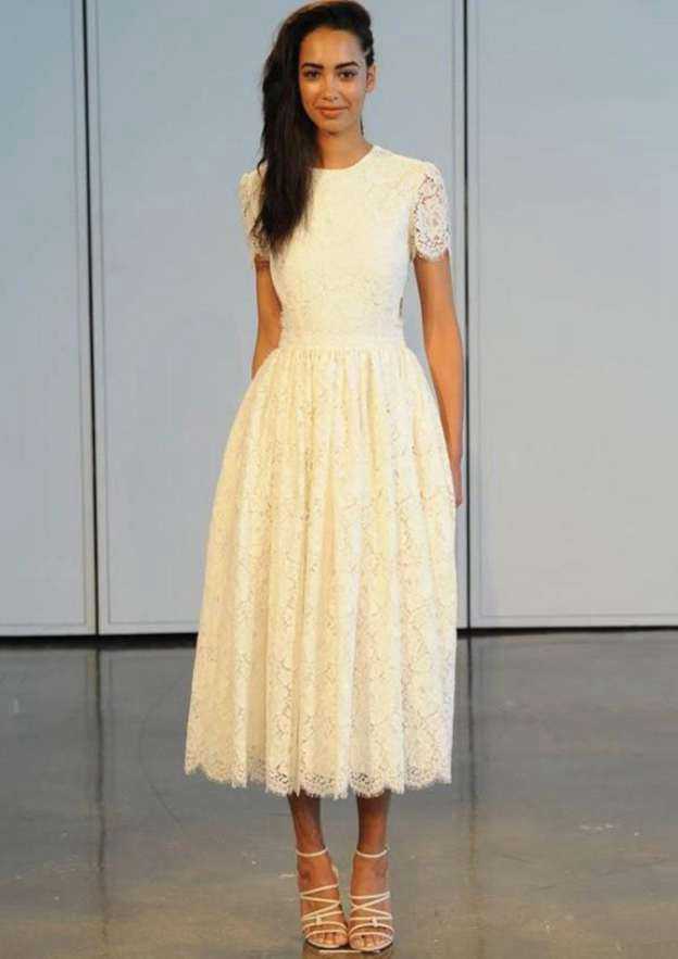 Lace A-Line/Princess Wedding Dress with Scoop Neckline and Tea-Length Skirt