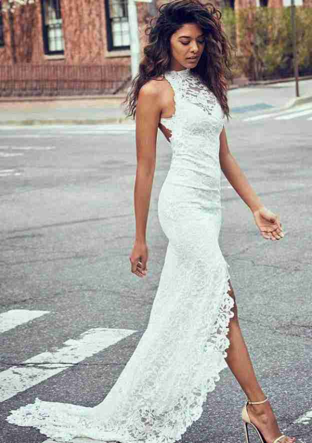 Chic Sheath/Column Lace Wedding Dress with Bateau Neckline and Court Train BM bride