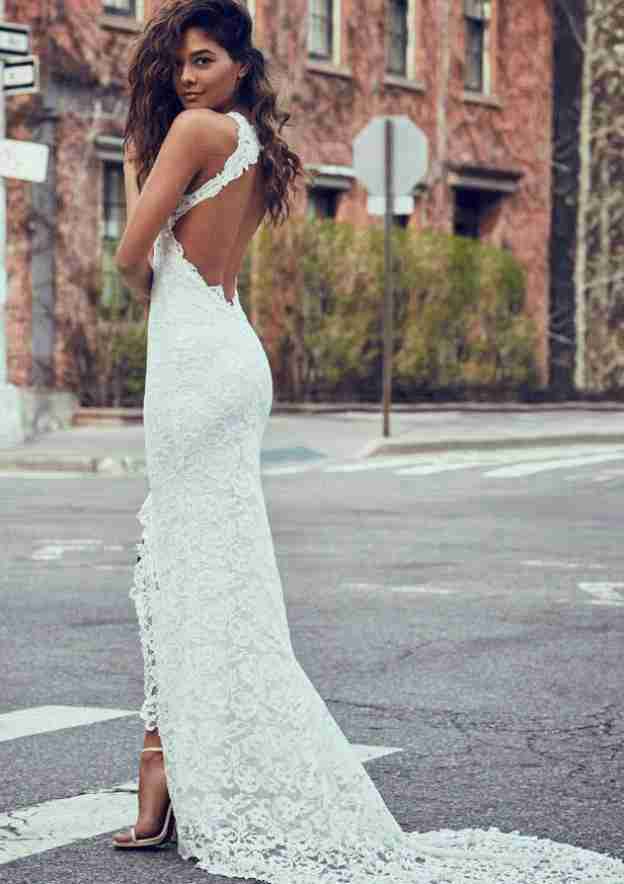 Chic Sheath/Column Lace Wedding Dress with Bateau Neckline and Court Train BM bride