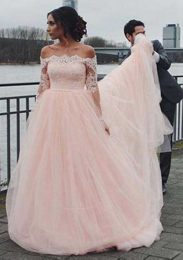 Graceful Off-the-Shoulder Court Train Tulle Wedding Dress with Lace Details in A-Line/Princess Design BM bride