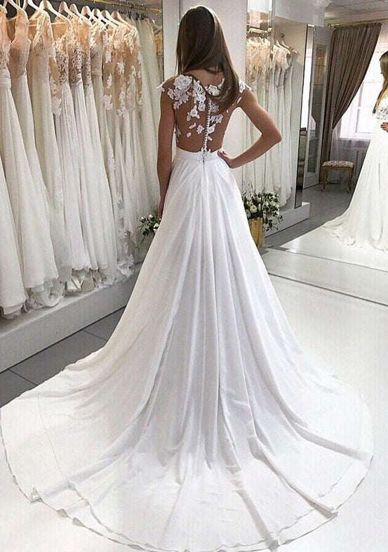 Appliqued Chiffon A-Line Wedding Dress with Bateau Neckline and Court Train