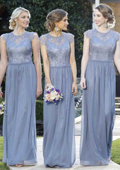 Floor-Length Chiffon Bridesmaid Dress, A-Line/Princess Cut, Sleeveless, Scoop Neck, With Appliqued And Zipper Back