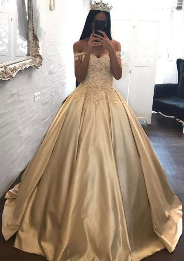 Off-The-Shoulder Appliqued Long Satin Prom Dress for A-Line Style