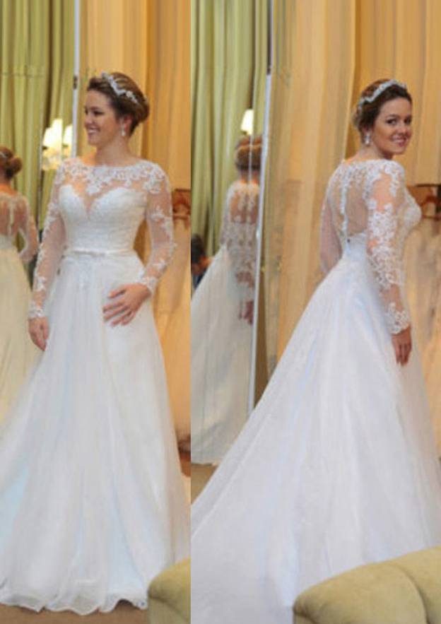 Classic A-Line/Princess Chiffon Wedding Dress with Bateau Neckline, Lace Court Train, and Detailed Accents BM bride